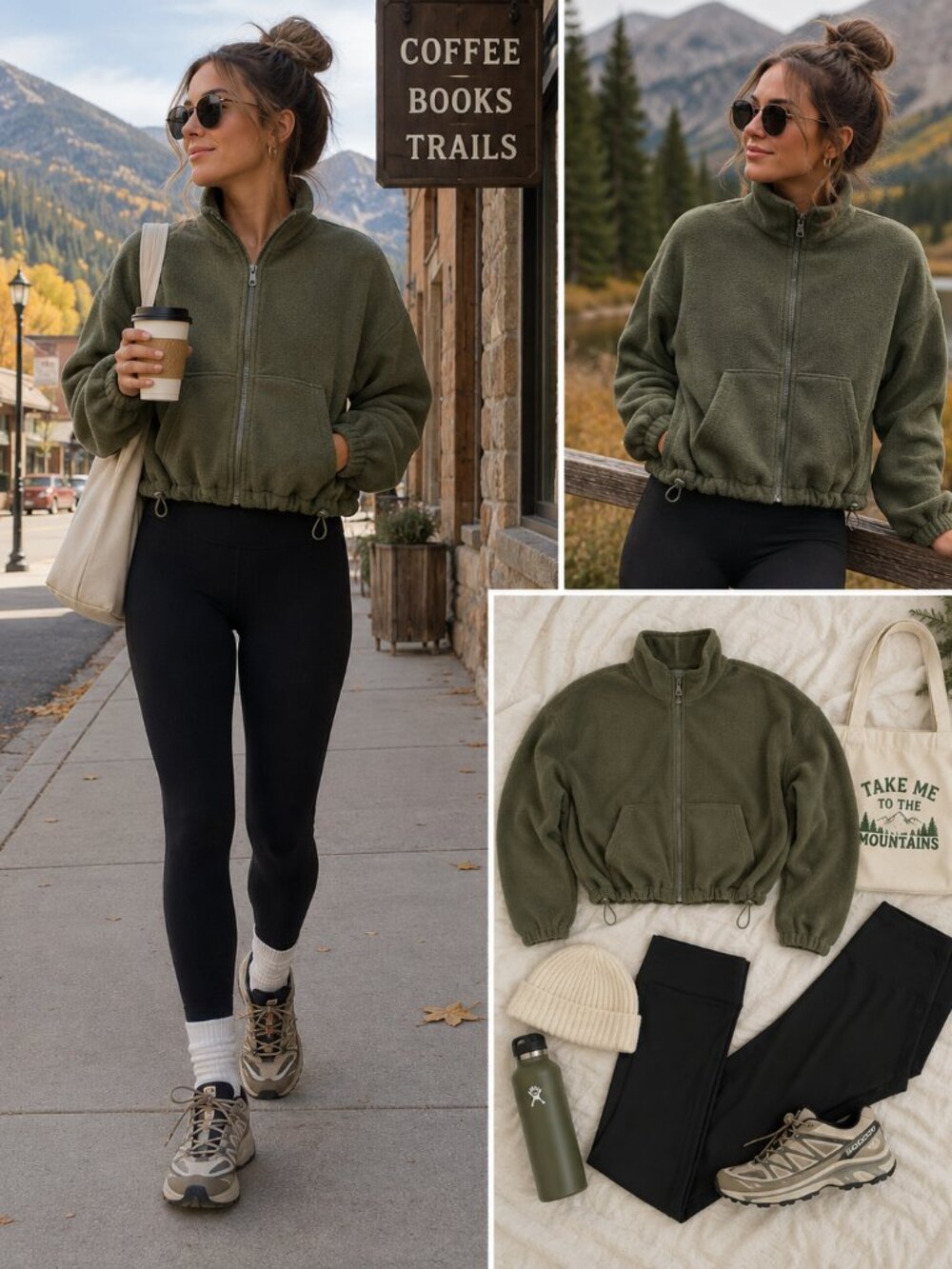 Fabletics Olive Green Fleece Full Zip Cropped Jacket Drawstring Hem XS